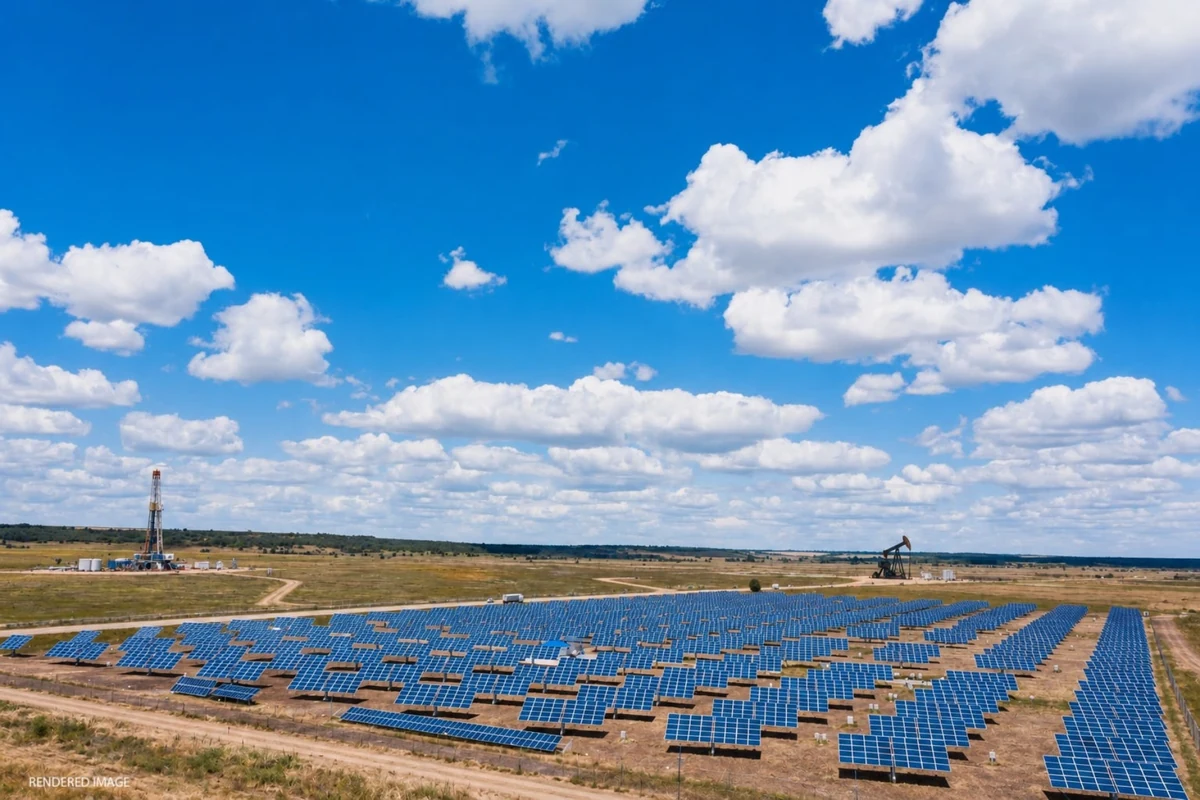 Solar panels and oil equipment on open Texas land